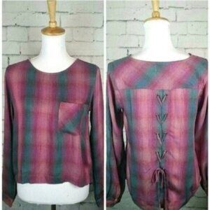 Cloth & Stone Soft Plaid Top With Lace Up Back Size Small